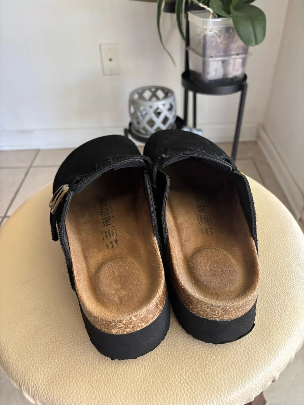 Women Black Suede Slip-On Clog with Dual Gold Buckles